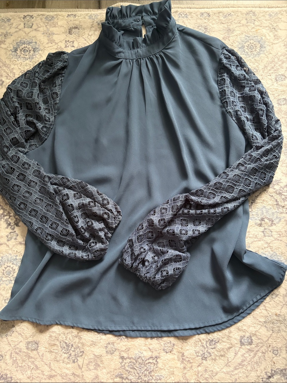 Ruffled High Neck Lace-Sleeve Blouse - Dusty Blue